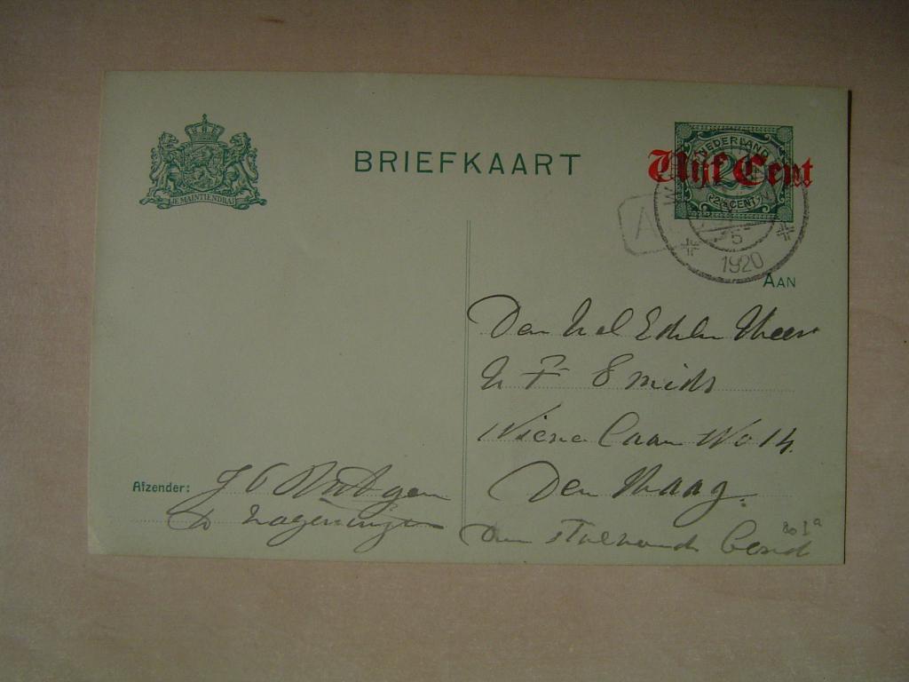 briefkaart uit 1920 - zegel 2,5 cent met opdruk 5 cent, Verzenden, Briefkaart