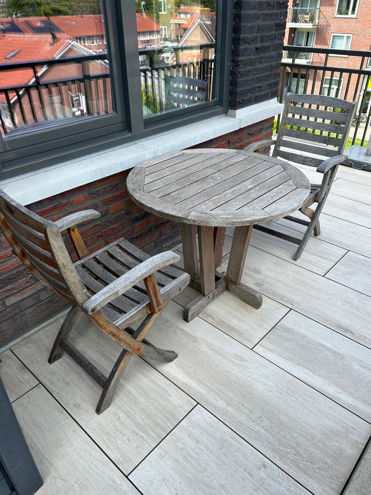 Teakhouten tuinset met tafel 90x90 cm en 2 stoelen, Gebruikt, Eettafel, Teakhout, Tuinset
