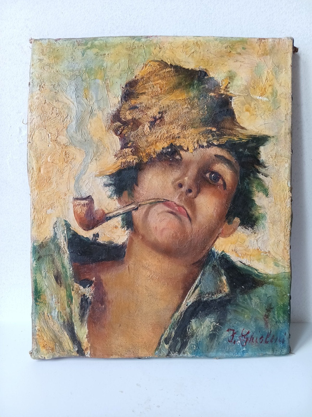 Jonge Herder met Pijp - Olieverfschilderij F. Chisleni, Antiek en Kunst, Ophalen of Verzenden