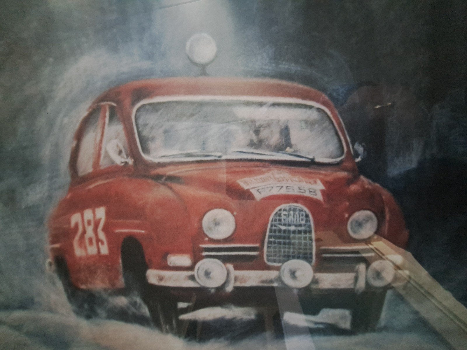 Gesigneerde en genummerde zeefdruk Saab Rally, Dagelijks leven, 1950 - 1999, Genummerd, Ophalen of Verzenden