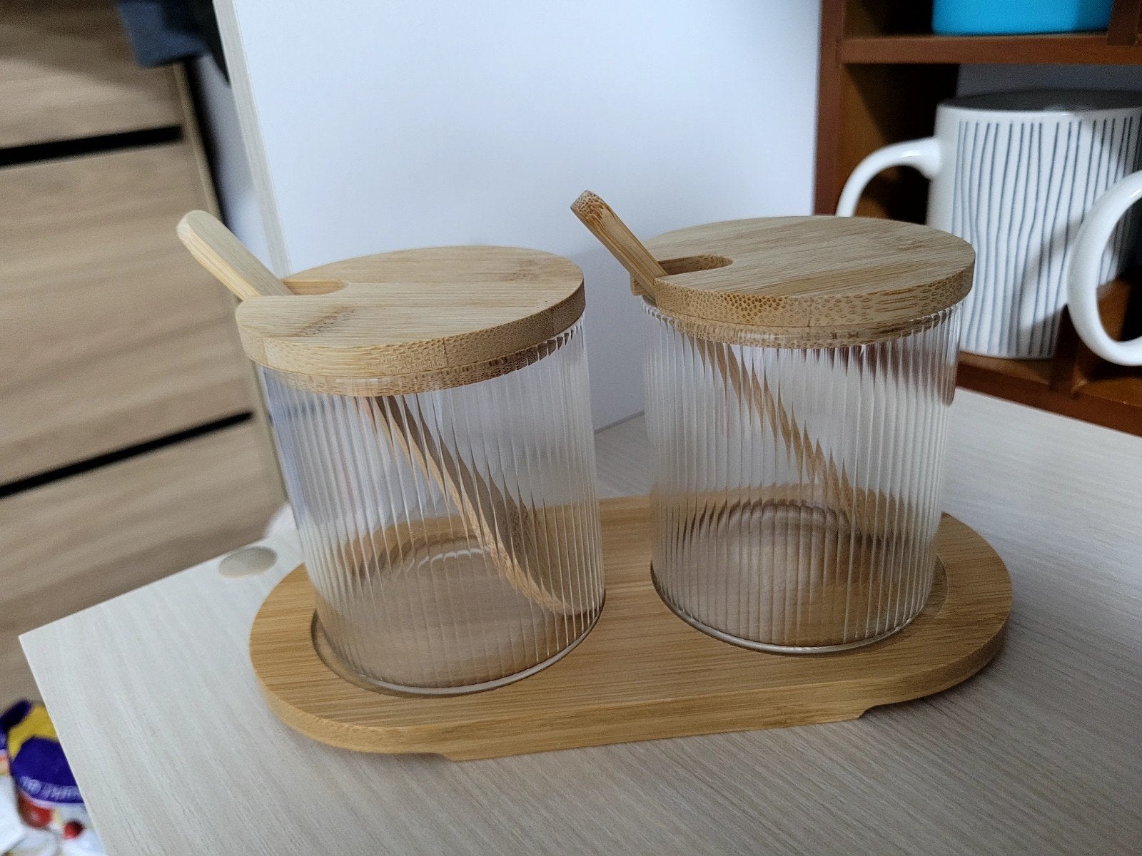 Glazen voorraadpotten met bamboe deksel en lepel (set van 2), Ophalen, Glas, Zo goed als nieuw, Voorraadpot