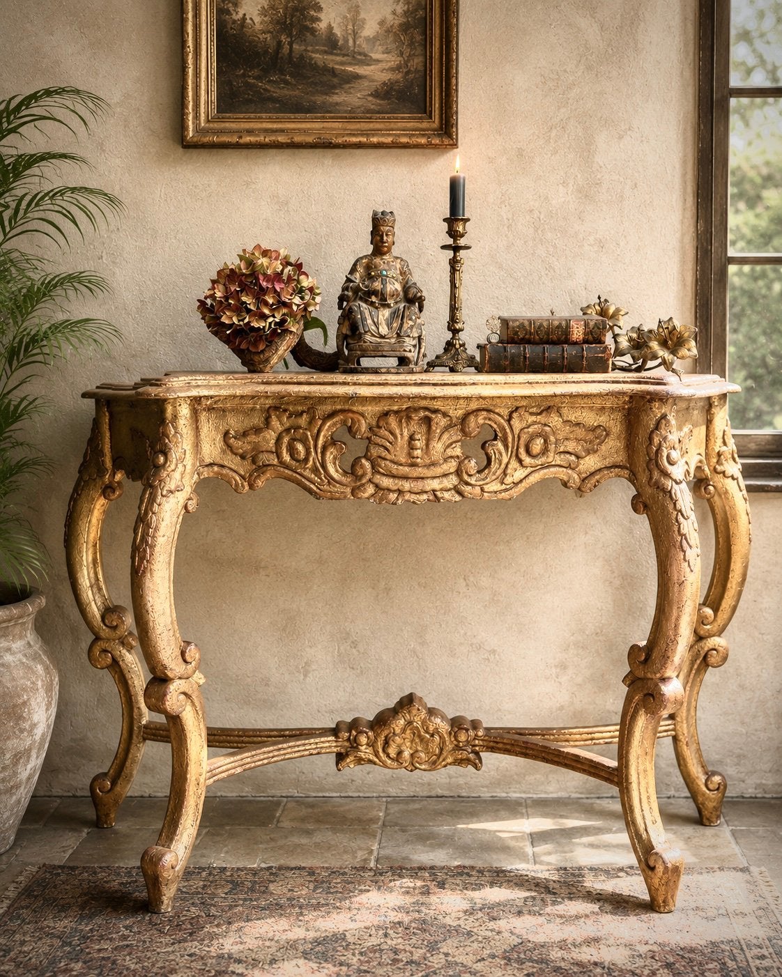 Prachtige barok sidetable in een oud gouden kleur, Ophalen, Overige materialen, 100 tot 150 cm, Zo goed als nieuw