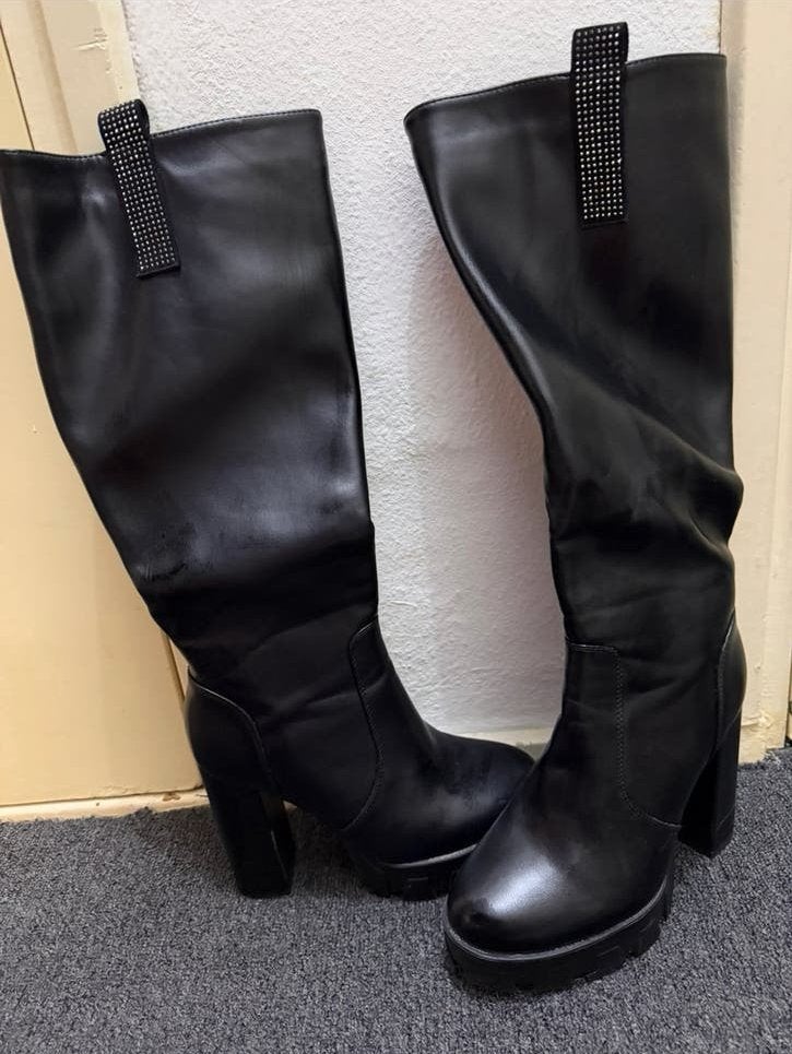 Zwarte Overknee Laarzen met Chunky Zool, Ophalen, Gedragen, Zwart, Hoge laarzen
