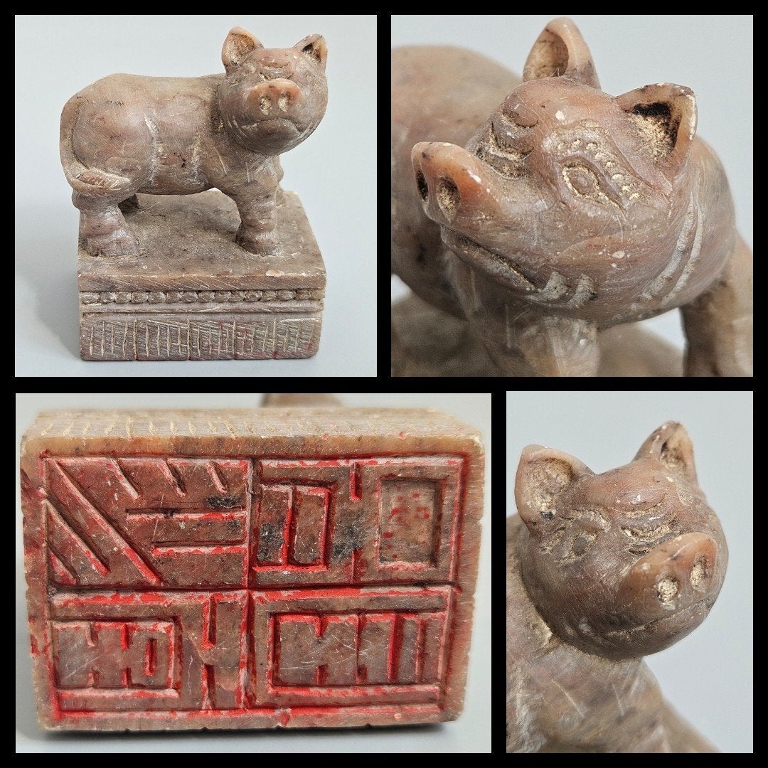 China, antieke uit speksteen gesneden stempel,  varken, Natuurlijk materiaal, Ophalen of Verzenden, China, Handgemaakt