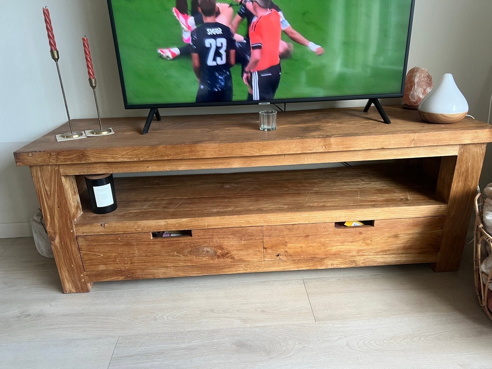 Robuust Teakhouten TV-meubel met Lades, Gebruikt, 100 tot 150 cm, Teakhout, Ophalen of Verzenden