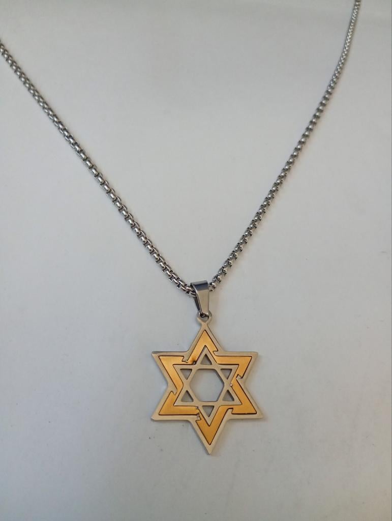 Goud- en zilverkleurige davidster hanger plus ketting nieuw, Ophalen of Verzenden, Nieuw, Goud, Overige materialen
