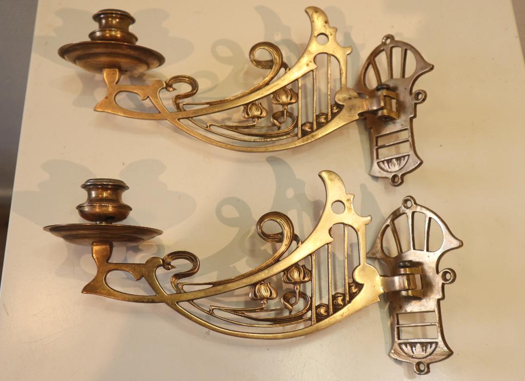 Set Art Nouveau pianokandelaars, wandkandelaars, Antiek en Kunst, Antiek | Kandelaars, Ophalen of Verzenden, Koper of Brons