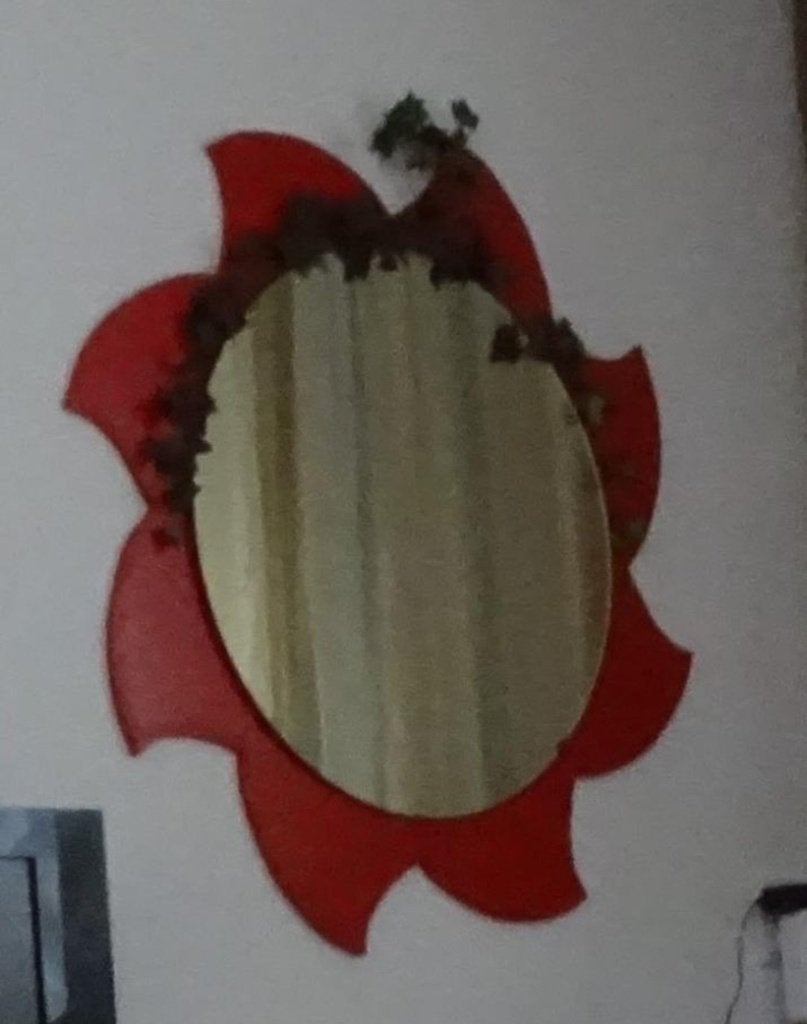 Decoratieve spiegel met rode bloemvormige lijst, Ophalen, Zo goed als nieuw, 75 tot 100 cm, Minder dan 100 cm