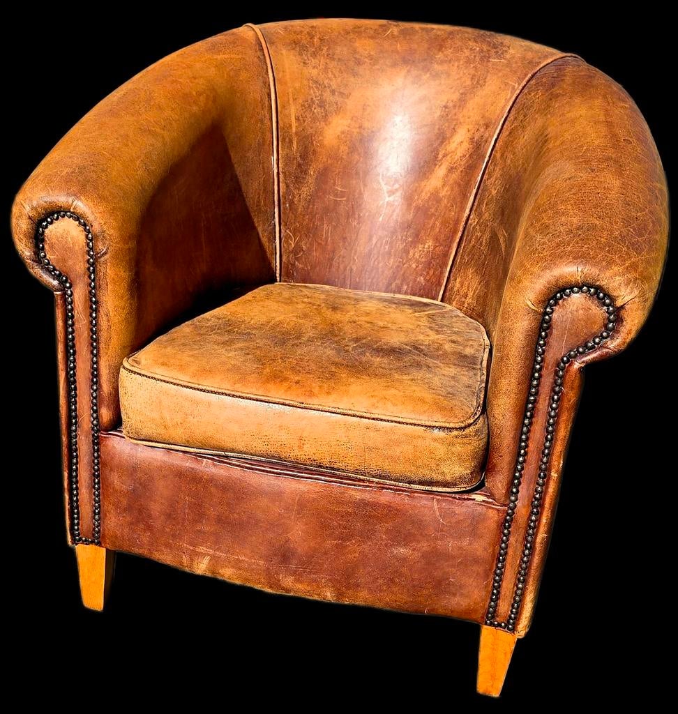 Vintage schapenleren Fauteuil - Cognac Kleur + BEZORGING