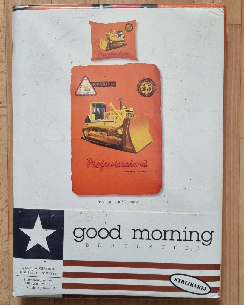 Good Morning Dekbedovertrek Bulldozer 140x200/220 cm, Overige merken, Instopstrook, Nieuw, Oranje