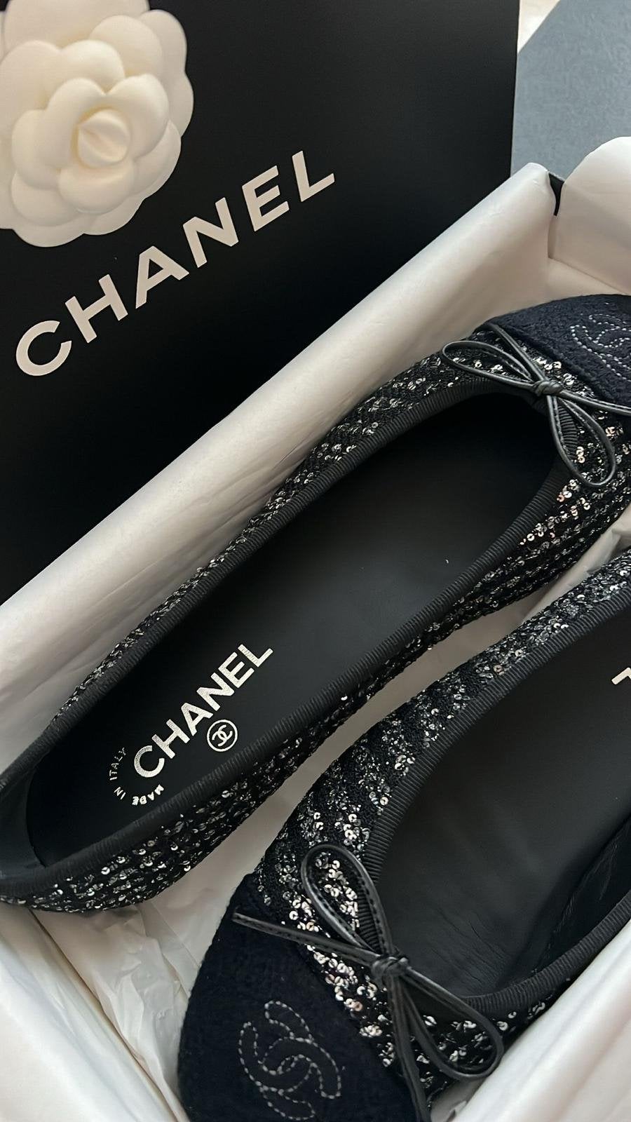 Chanel Ballerina's Zwart met Pailletten - Maat 40.5, Ophalen, Nieuw, Zwart, Ballerina's