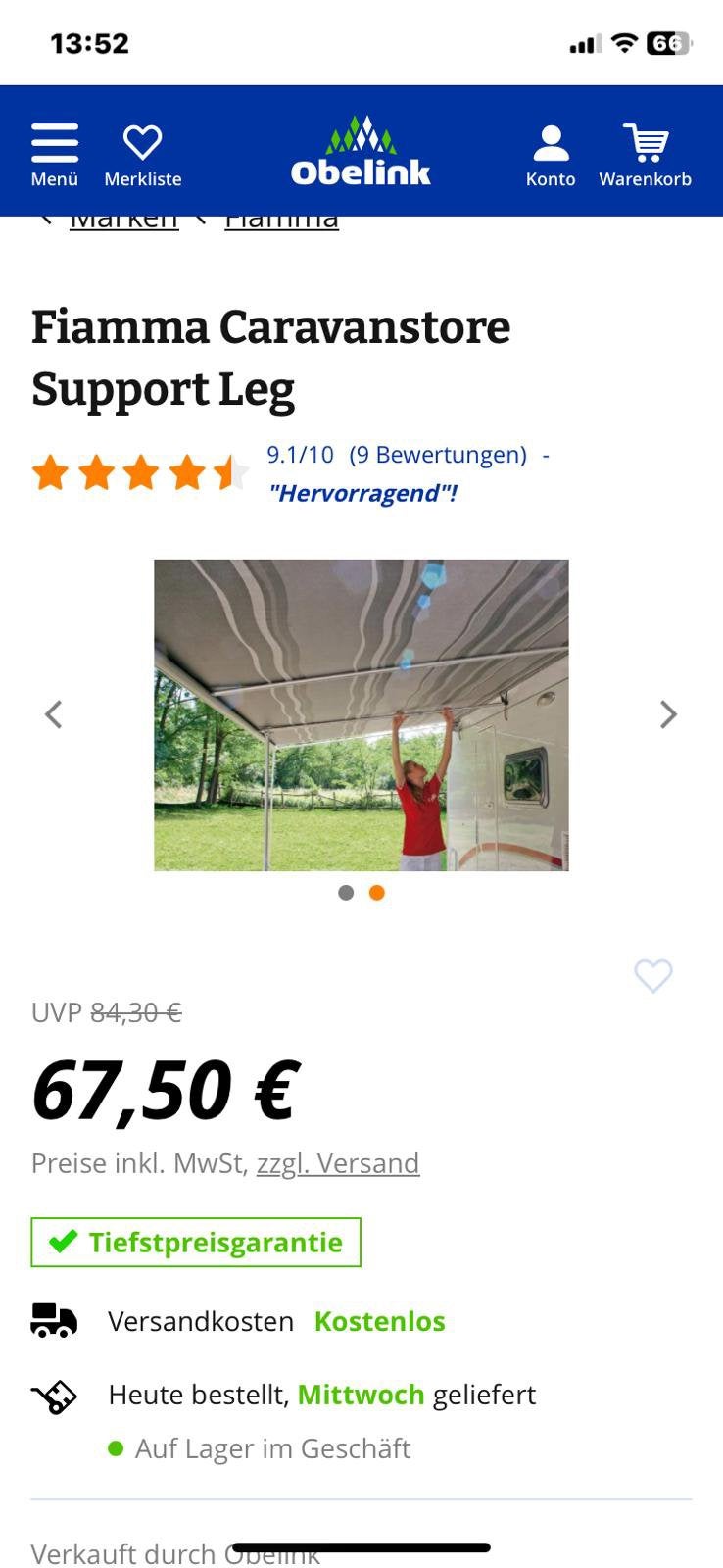 Fiamma Caravanstore Support Leg - Luifelsteun voor zakluifel, Ophalen, Zo goed als nieuw