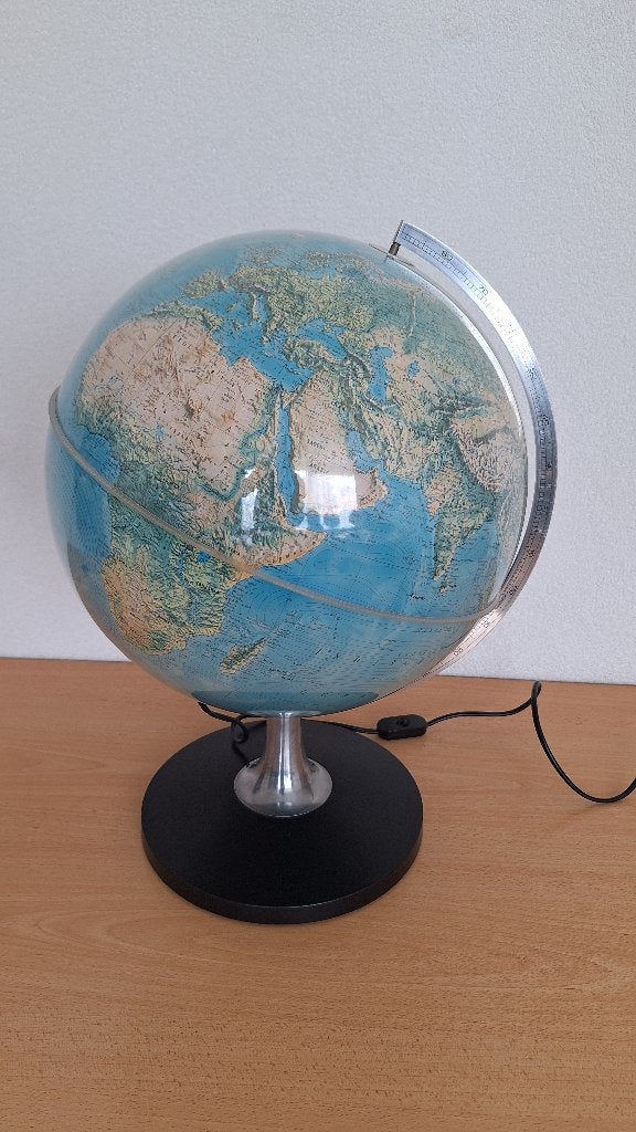 Vintage Eerste Nederlandsche Globe-Industrie globe, met lamp, Ophalen, Verlicht, Gebruikt
