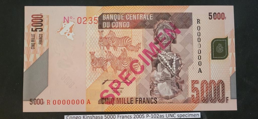 Congo Kinshasa 5000 Francs 2005 P-102as UNC Specimen, Postzegels en Munten, Bankbiljetten | Azië, Ophalen of Verzenden