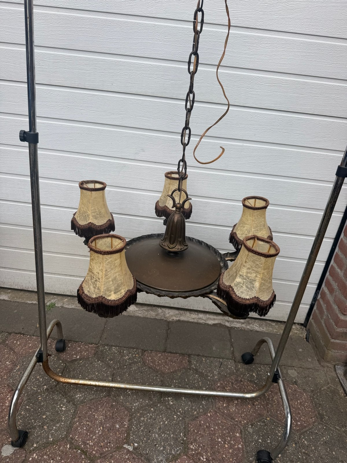 Vintage Messing/Brons Kroonluchter met Franjes - 5 Armen, Ophalen