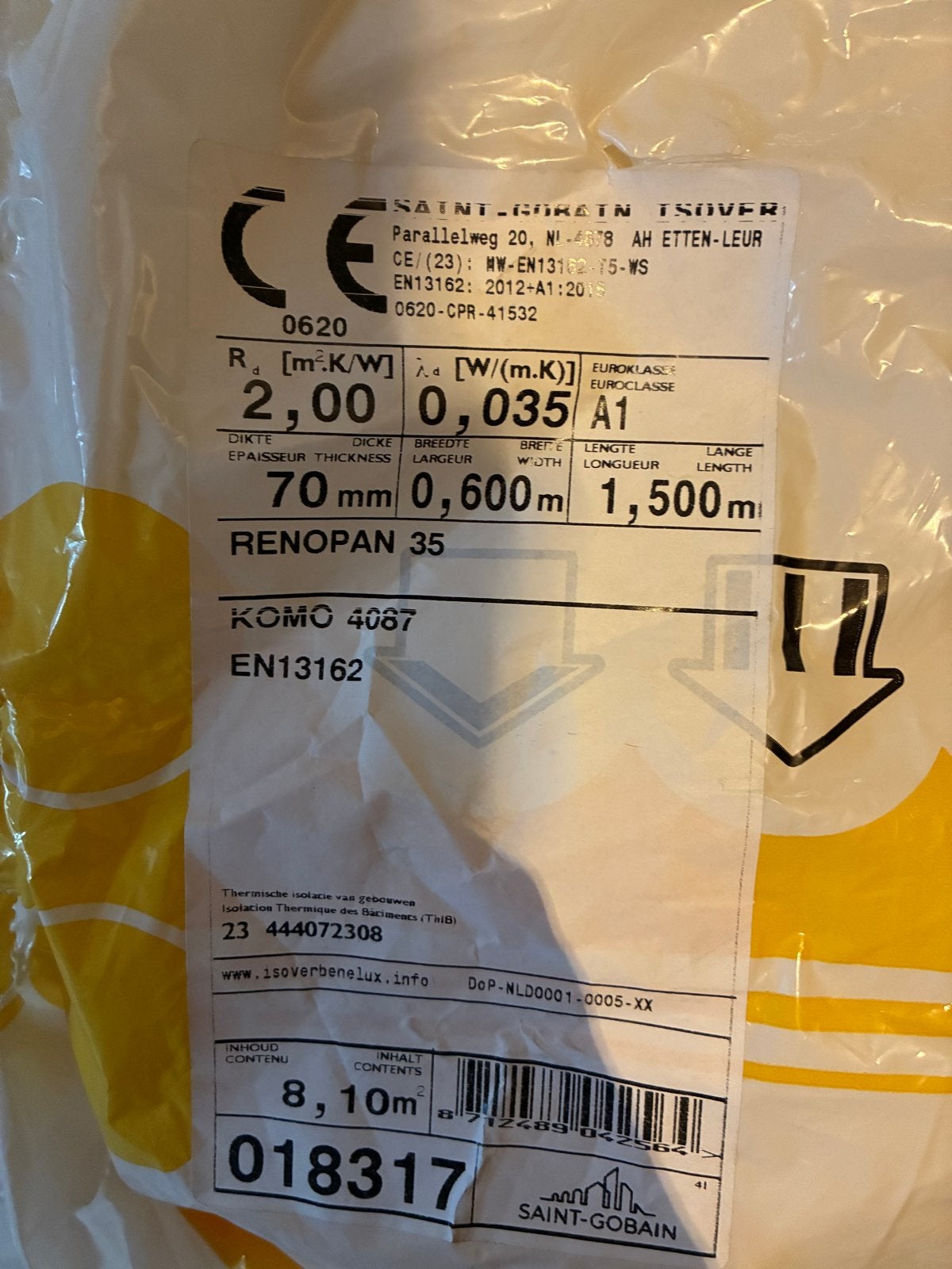 Isover Renopan 35 Glaswol Isolatie, 70mm dik, 2,7m2, Ophalen, 4 tot 8 cm, Dakisolatie, Nieuw