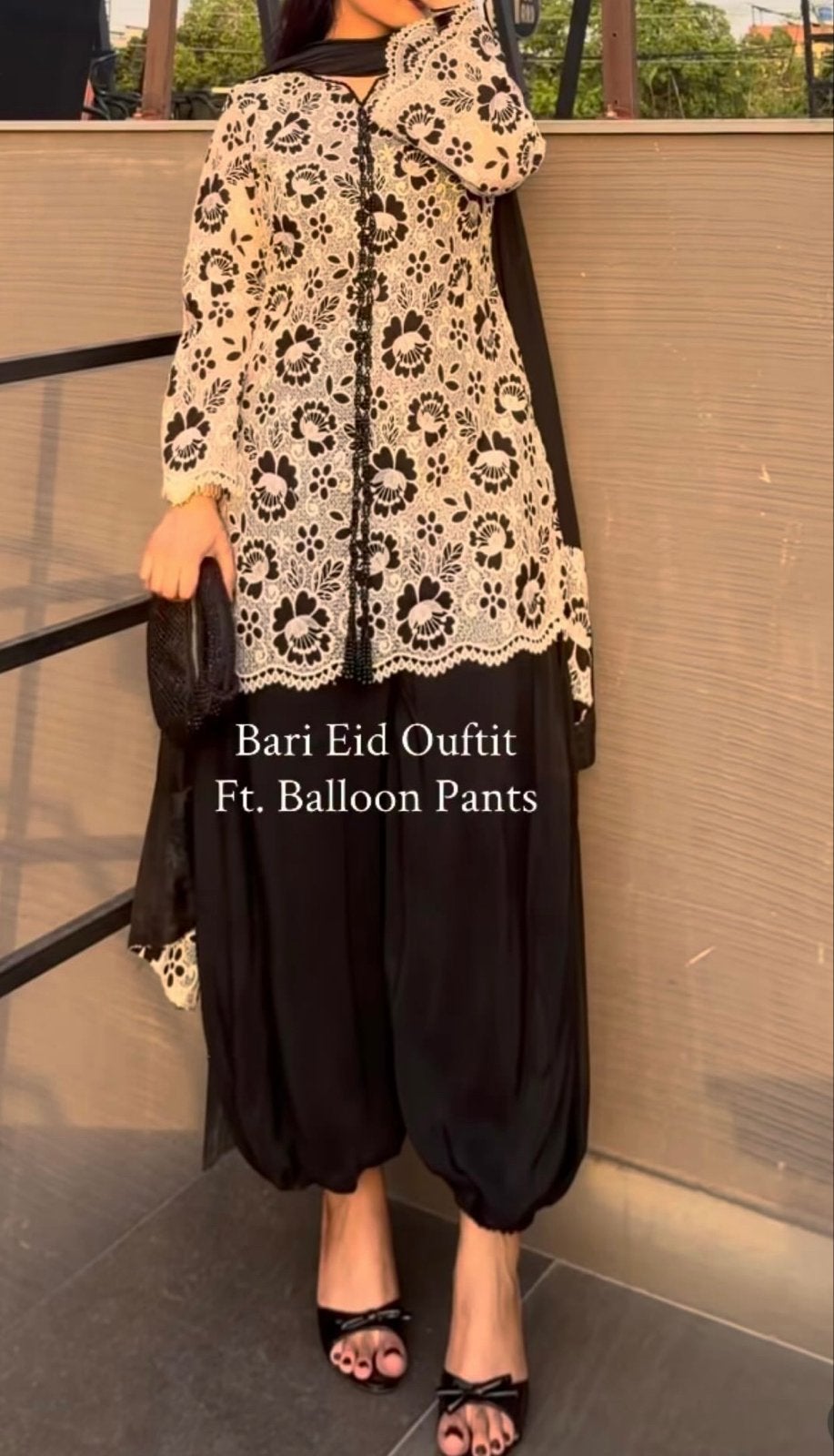 Bari Eid Outfit met Ballon Broek - Zwart/Wit Kant, Kleding | Dames, Maat 38/40 (M), Zwart, Ophalen of Verzenden, Zo goed als nieuw