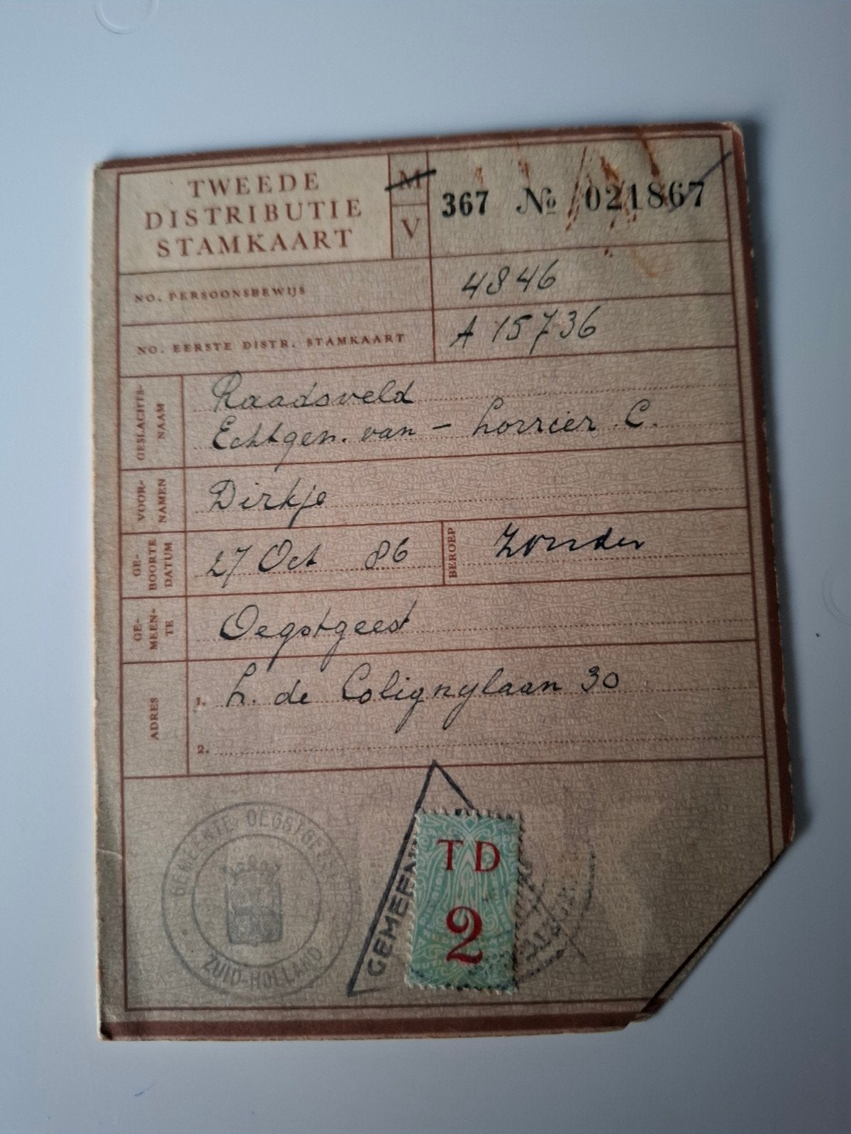 distributie stamkaart Oegstgeest bonkaart document wo2, Verzenden, Duitsland