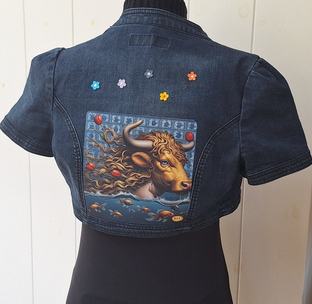 Meisje met Ossekop Delfts bolero spijkerjasje jeansjasje,, Ophalen of Verzenden, Zo goed als nieuw, Maat 38/40 (M), Blauw