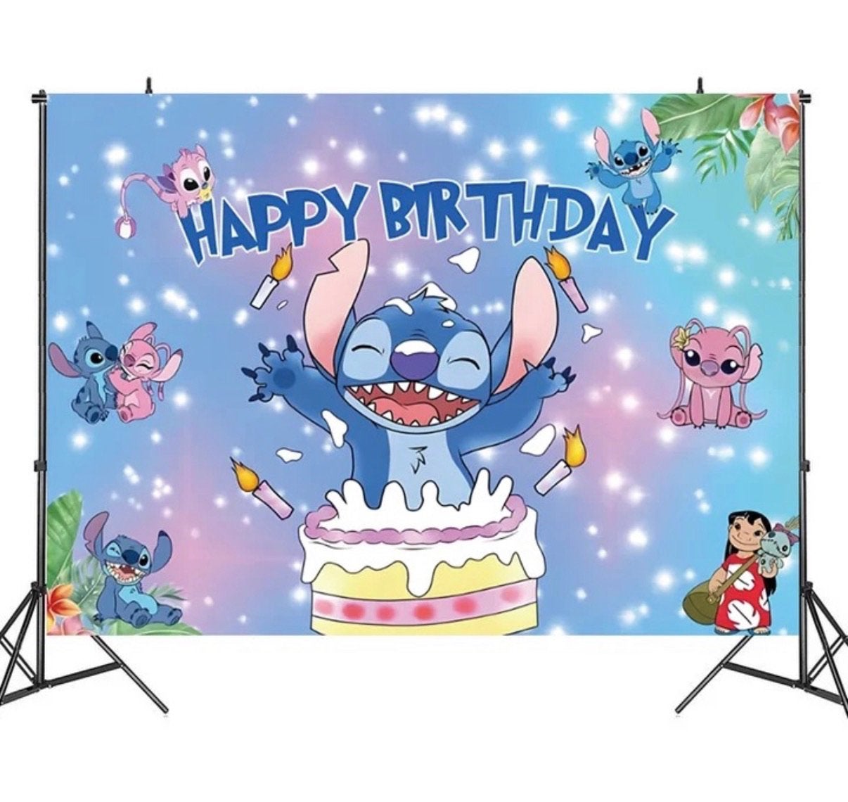 Stitch happy birtday achtergronddoek 100cm x 150cm