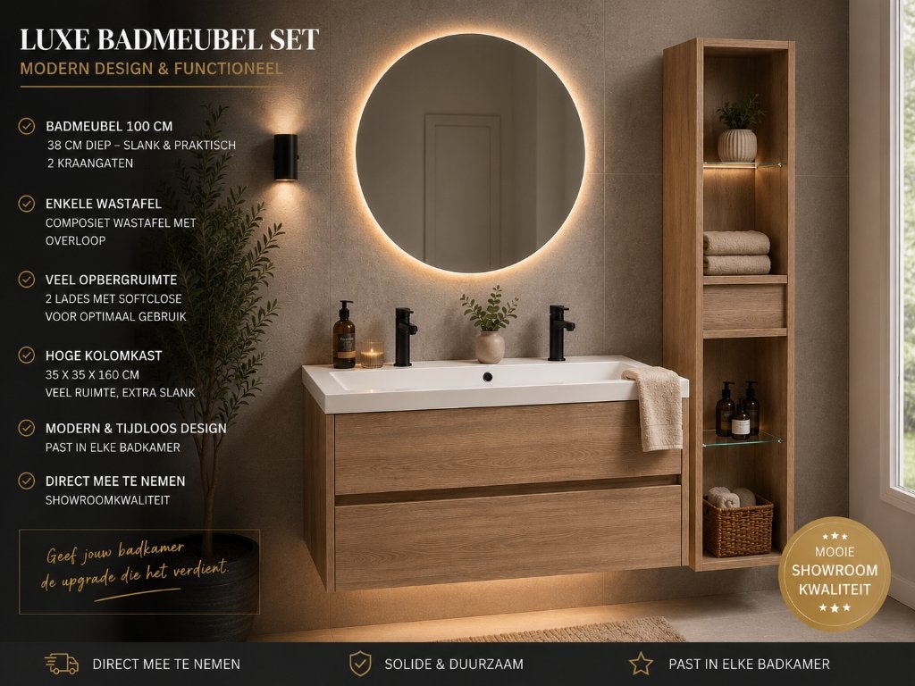 Luxe badmeubel 100 cm + hoge kolomkast – modern design! NEW, Huis en Inrichting, Badkamer | Badkamermeubels, 100 tot 150 cm, Overige typen