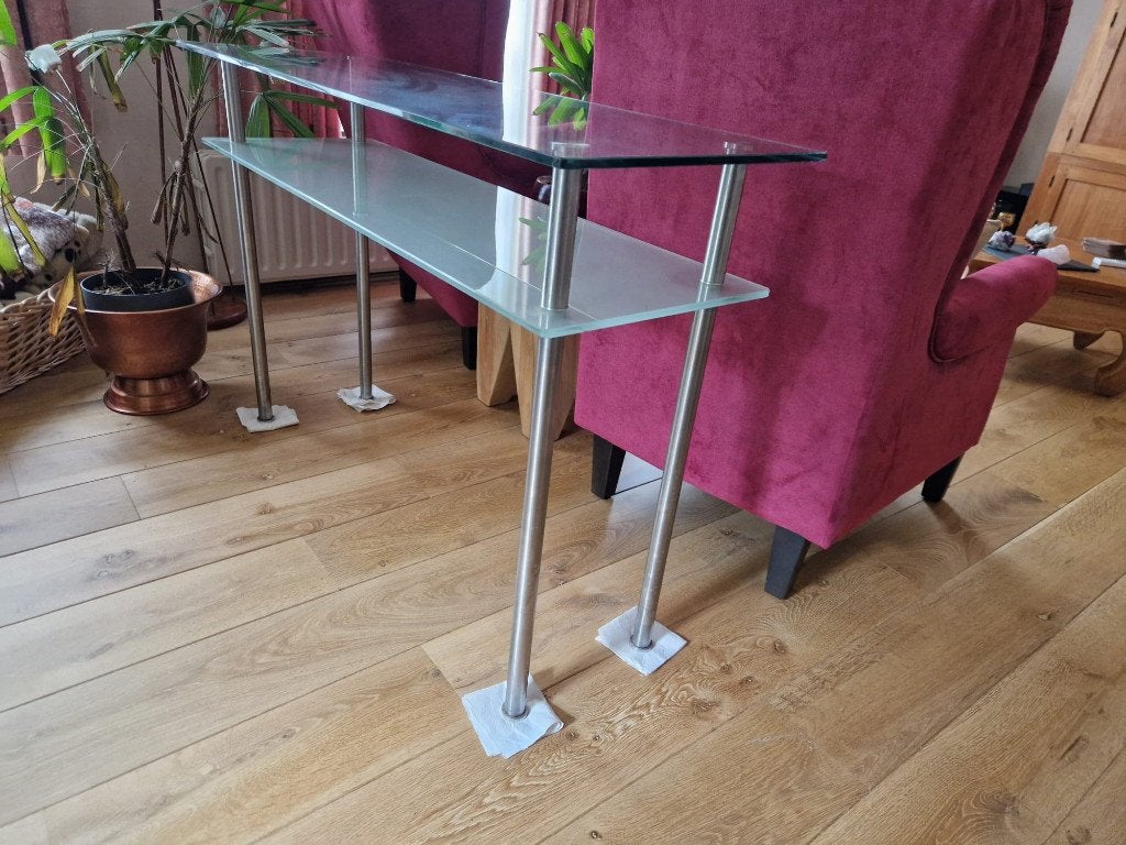 Glazen wandtafel / haltafel met twee bladen, Ophalen, Gebruikt, Glas, 75 cm of meer