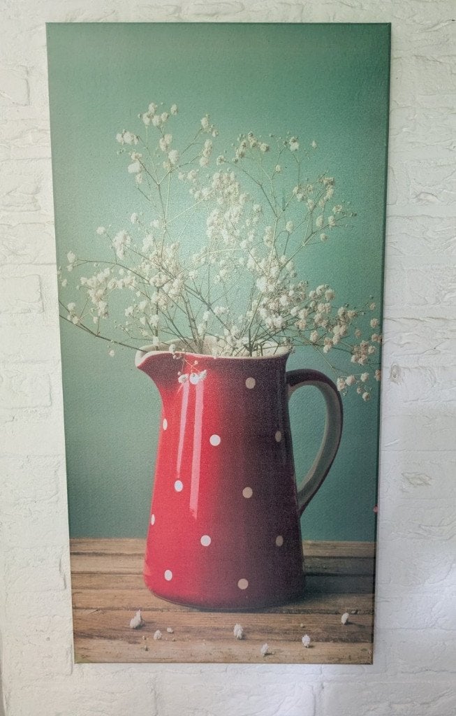Canvas vaas rood met witte stippen met bloemen, Huis en Inrichting, Ophalen, Minder dan 50 cm, Gebruikt, Foto of Poster