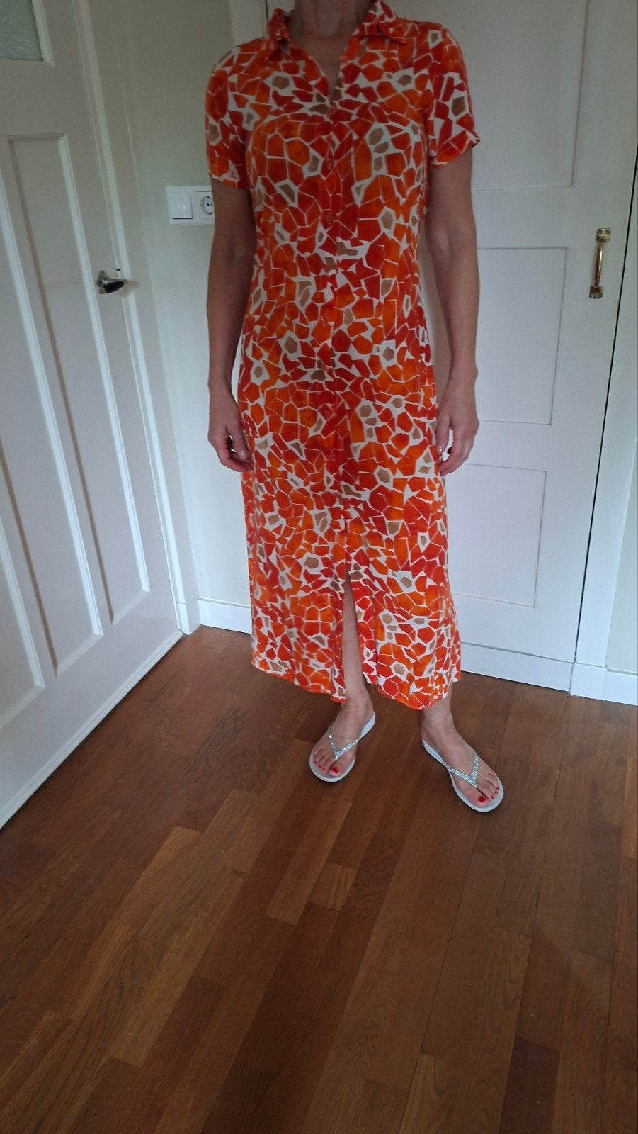 Zomerse Viscose Jurk Maat M met Oranje Print, Maat 38/40 (M), Oranje, Ophalen of Verzenden, Gedragen
