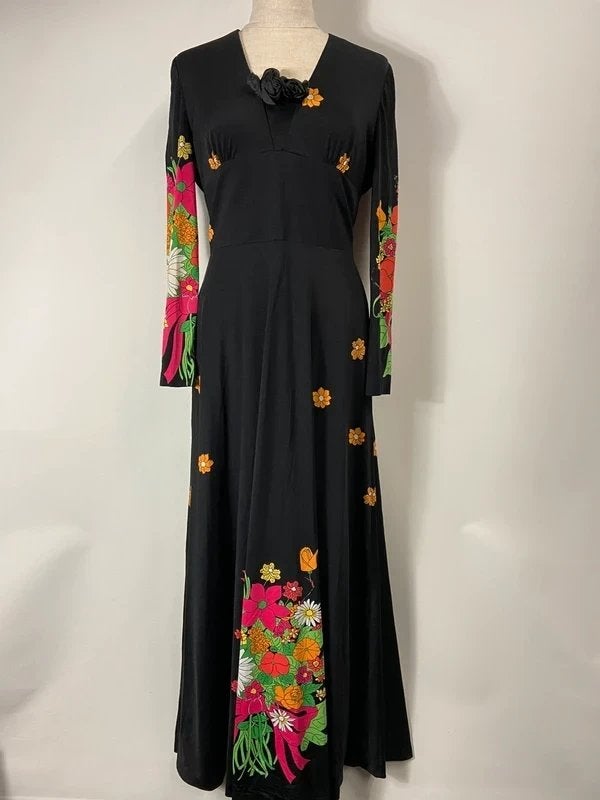 Louis Féraud | Lange zwarte jurk met bloemen, Zwart, Maat 42/44 (L), Louis Féraud, Ophalen of Verzenden
