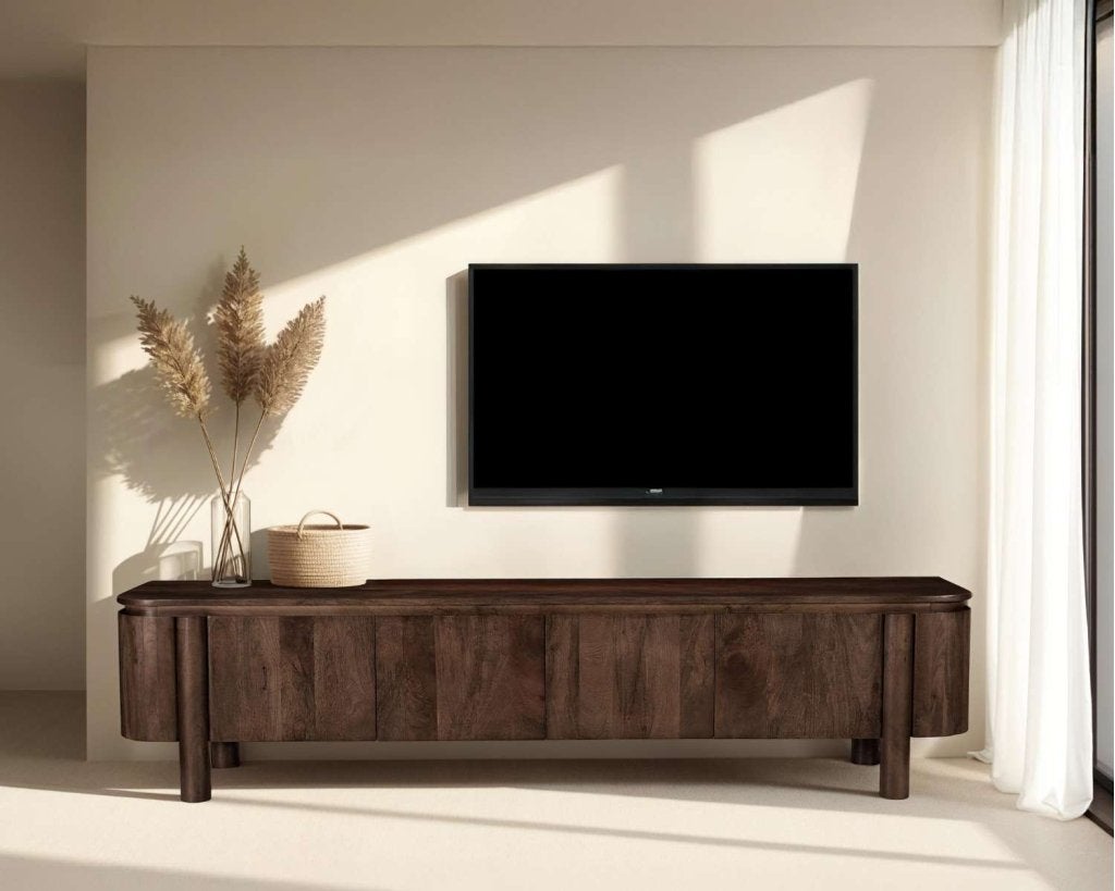 TV meubel Livingfurn Salano Brown 210 cm - Mangohout, Ophalen, Japandi, Maxi Living, City Plaza 67, 3431 HA Nieuwegein