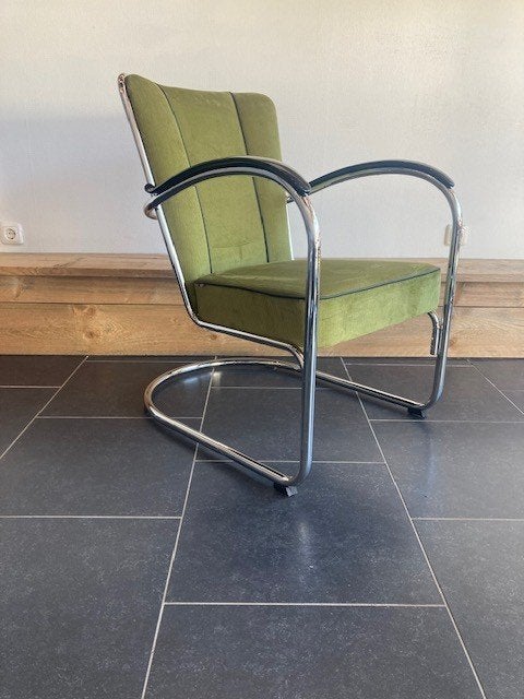 Gispen 412 fauteuil, chroom, nieuwe lime groene ribstof, Design, 75 tot 100 cm, Zo goed als nieuw, Stof