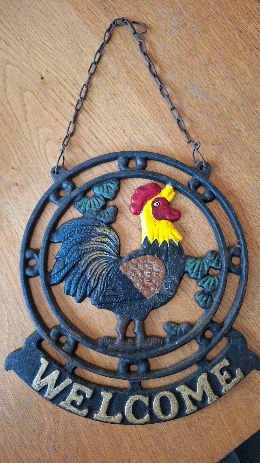 Welkomstbord haan - Gietijzeren decoratie, Vintage, Gebruikt, Meerkleurig, Ophalen of Verzenden