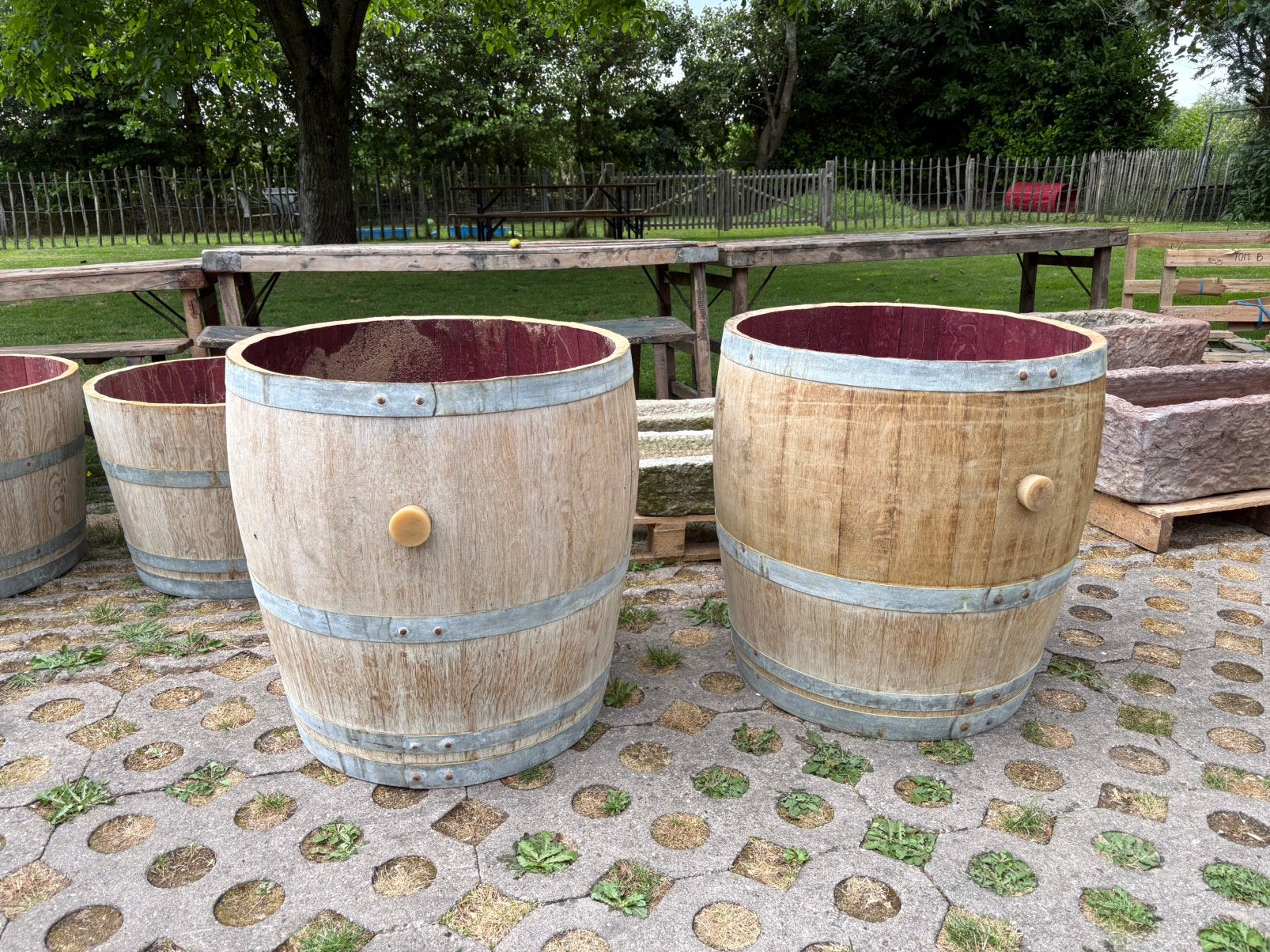 3/4 eiken houten wijnvat - bloembak 165 liter, Tuin en Terras, Bloembakken en Plantenbakken, Ophalen, Gebruikt, Rond, Nvt