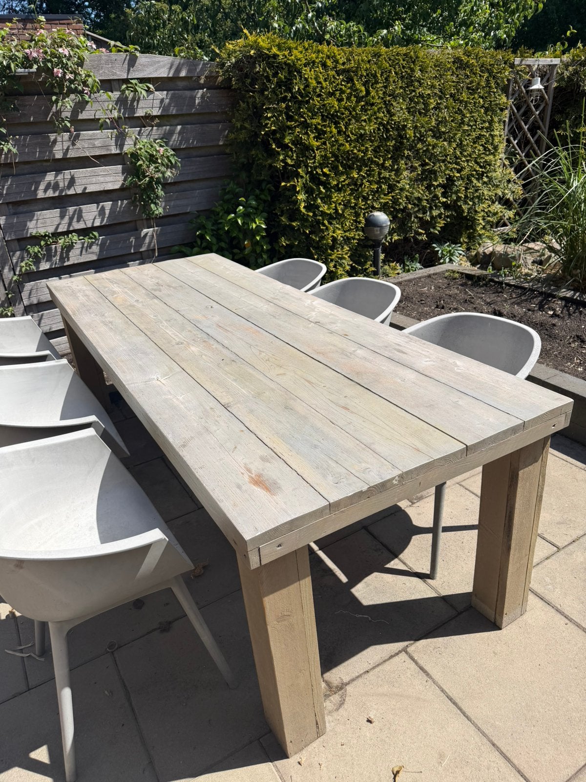 Stevige robuuste steigerhouten tuintafel + 6 moderne stoelen, Ophalen of Verzenden, Zo goed als nieuw, Rechthoekig, Hout