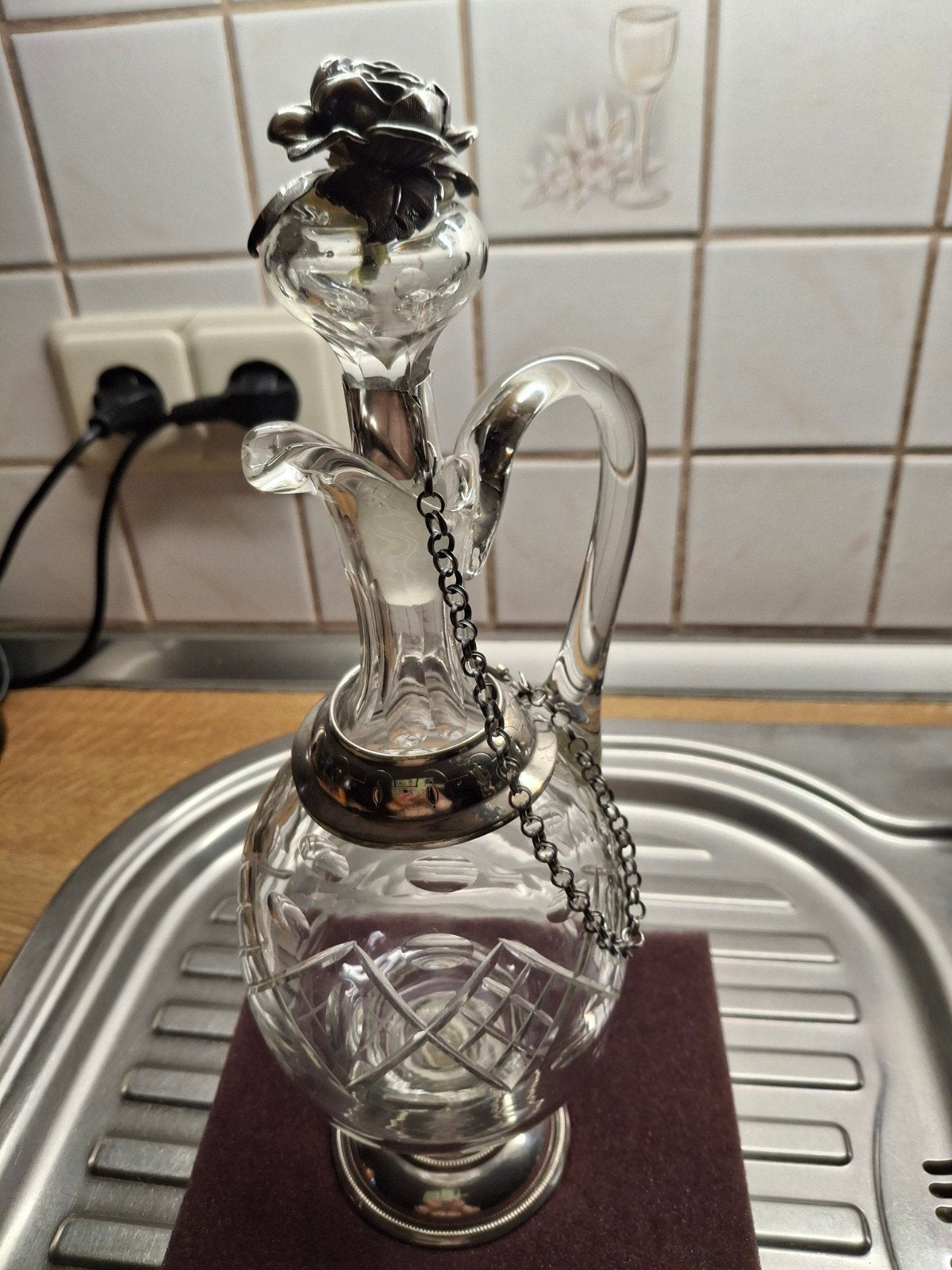Karaf geslepen kristal met zilveren  stop gaaf, Antiek en Kunst, Ophalen of Verzenden