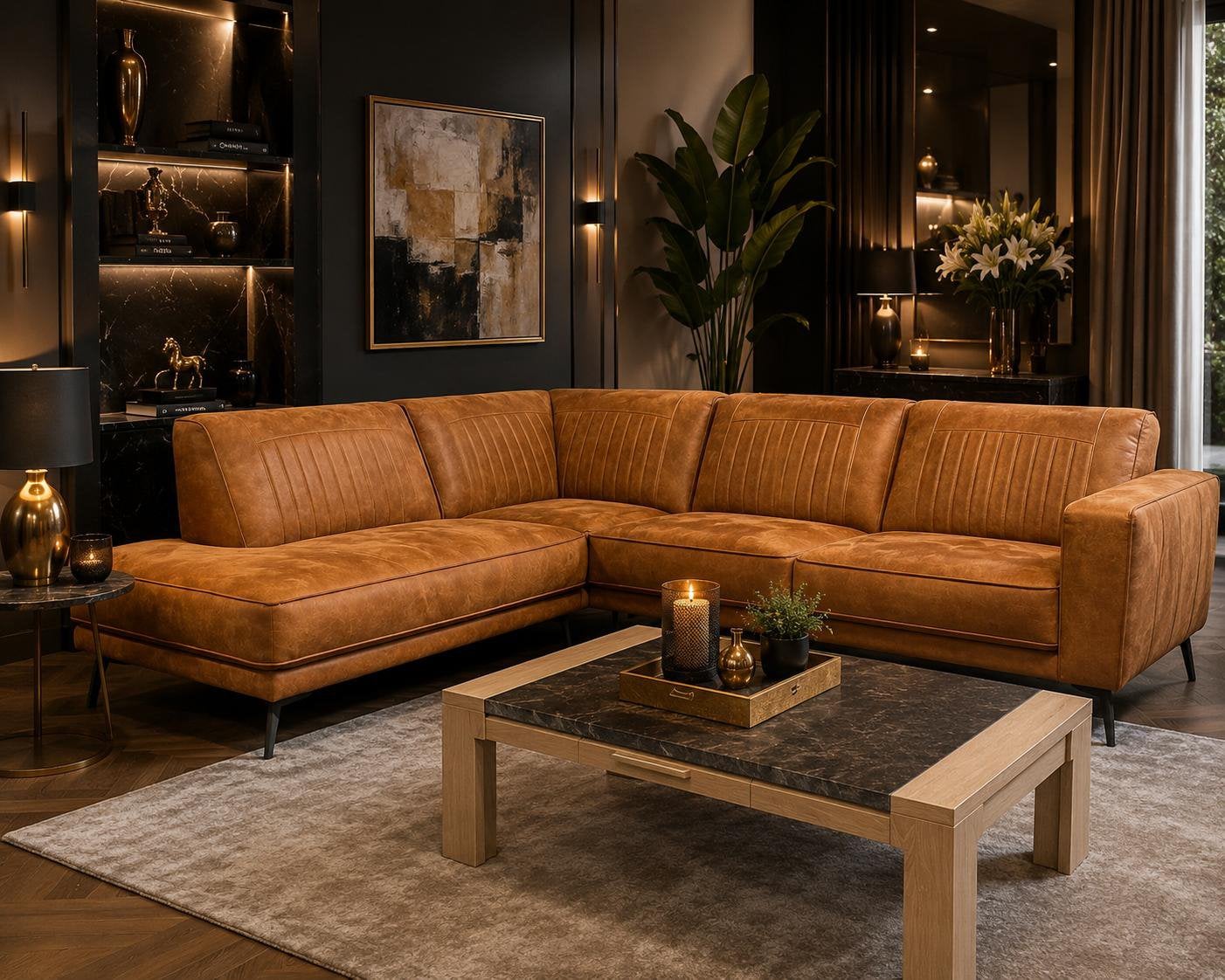 Hoekbank t Anker, micro leder camel, Ophalen, Nieuw