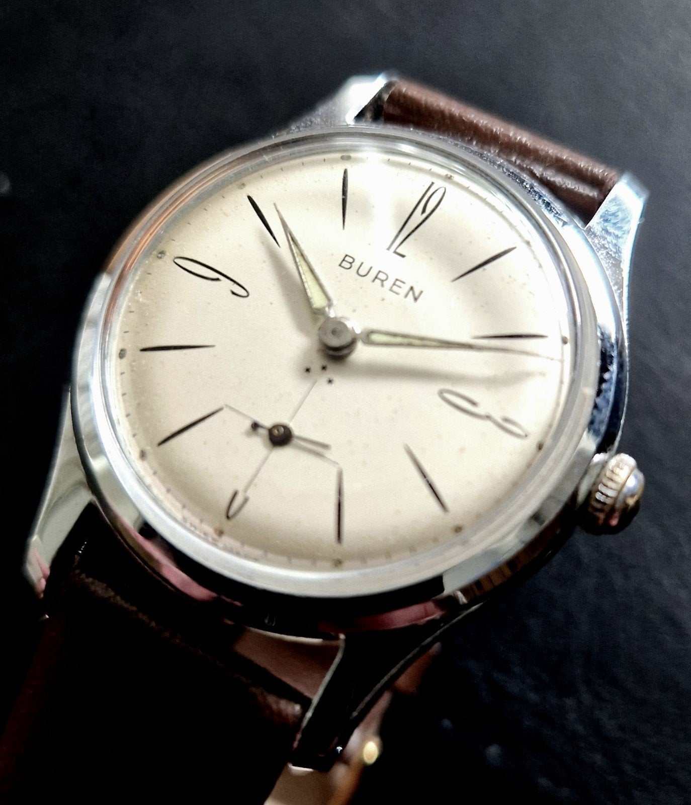 Vintage Buren Grand Prix 3* horloge, Overige merken, Staal, Met bandje, Polshorloge