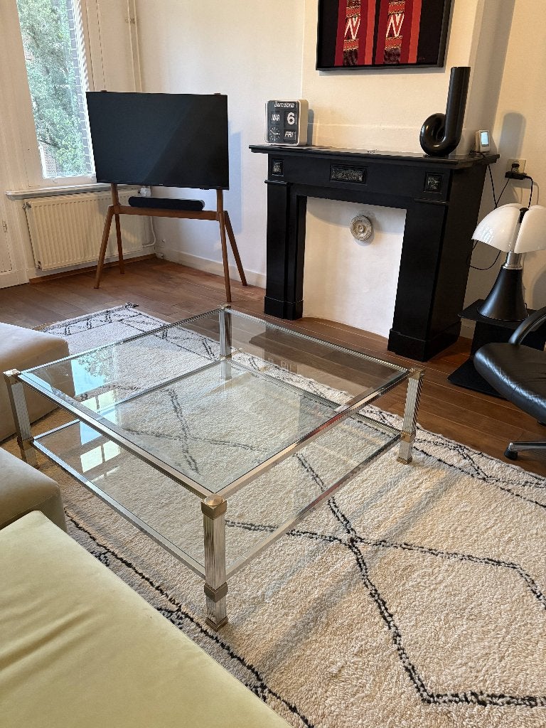 Pierre Vandel Vintage salontafel | Glas & chroom, Huis en Inrichting, Ophalen, 50 tot 100 cm, Pierre Vandel Vintage, Vierkant