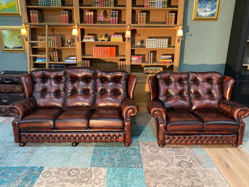 Springvale Chesterfield 3+2 zit bankstel roodbruin, Gebruikt, 125 cm of meer, Leer, Ophalen of Verzenden