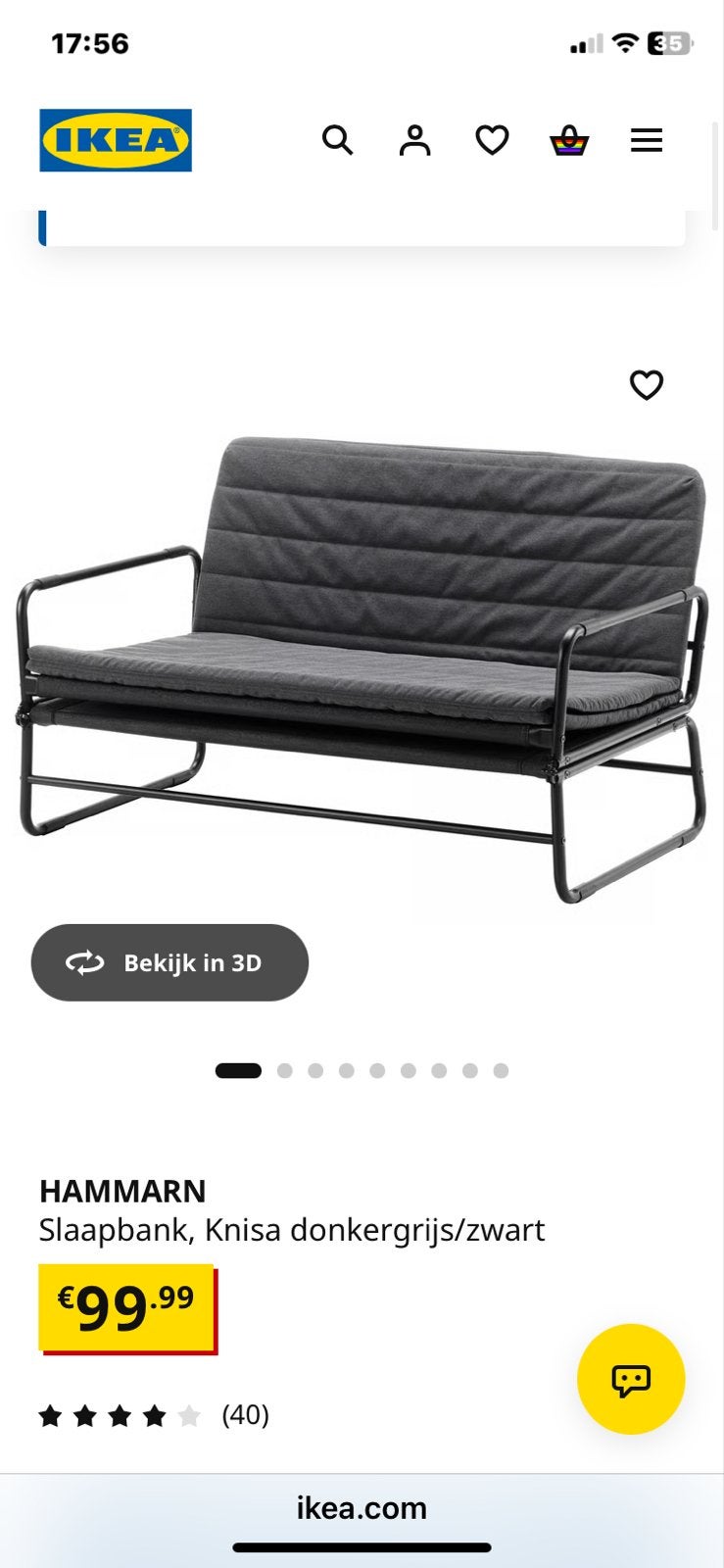 IKEA HAMMARN Slaapbank - Knisa donkergrijs/zwart, Gebruikt, Ophalen of Verzenden, Twijfelaar, 120 cm