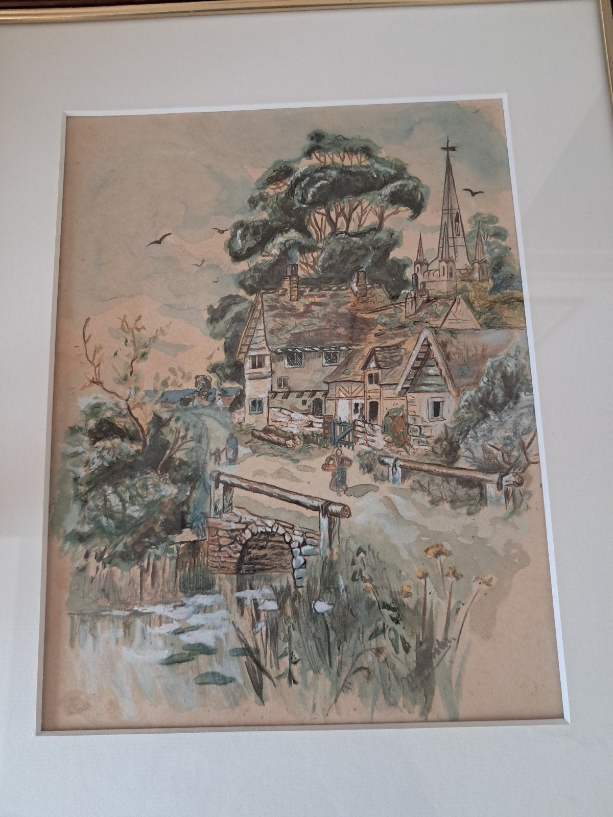 Sfeervol Landschap met Dorpsgezicht en Watermolen, Antiek en Kunst, Kunst | Schilderijen | Klassiek, Ophalen, Origineel werk, Klassiek