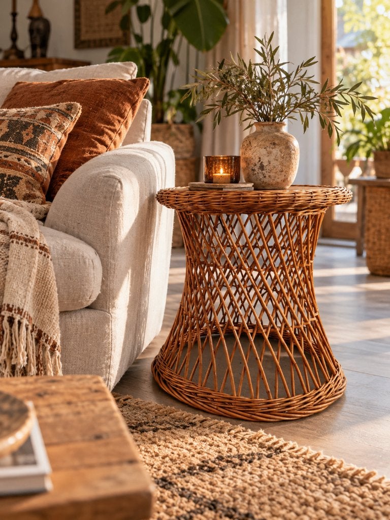 Rotan bijzettafel – gevlochten riet – boho retro vintage, Minder dan 55 cm, Rond, Zo goed als nieuw, Hout