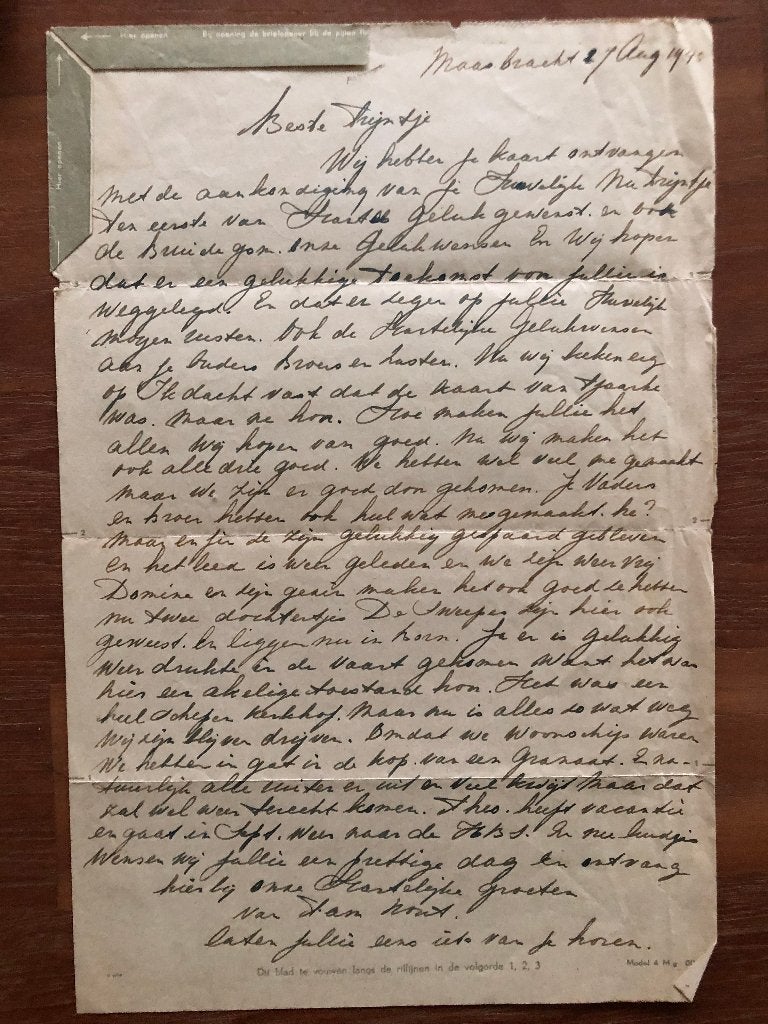 Bevrijding. Maasbracht 27-08-1945 brief van A. Nout, wonend, Boeken, Verzenden, Overige onderwerpen, Tweede Wereldoorlog, Gelezen