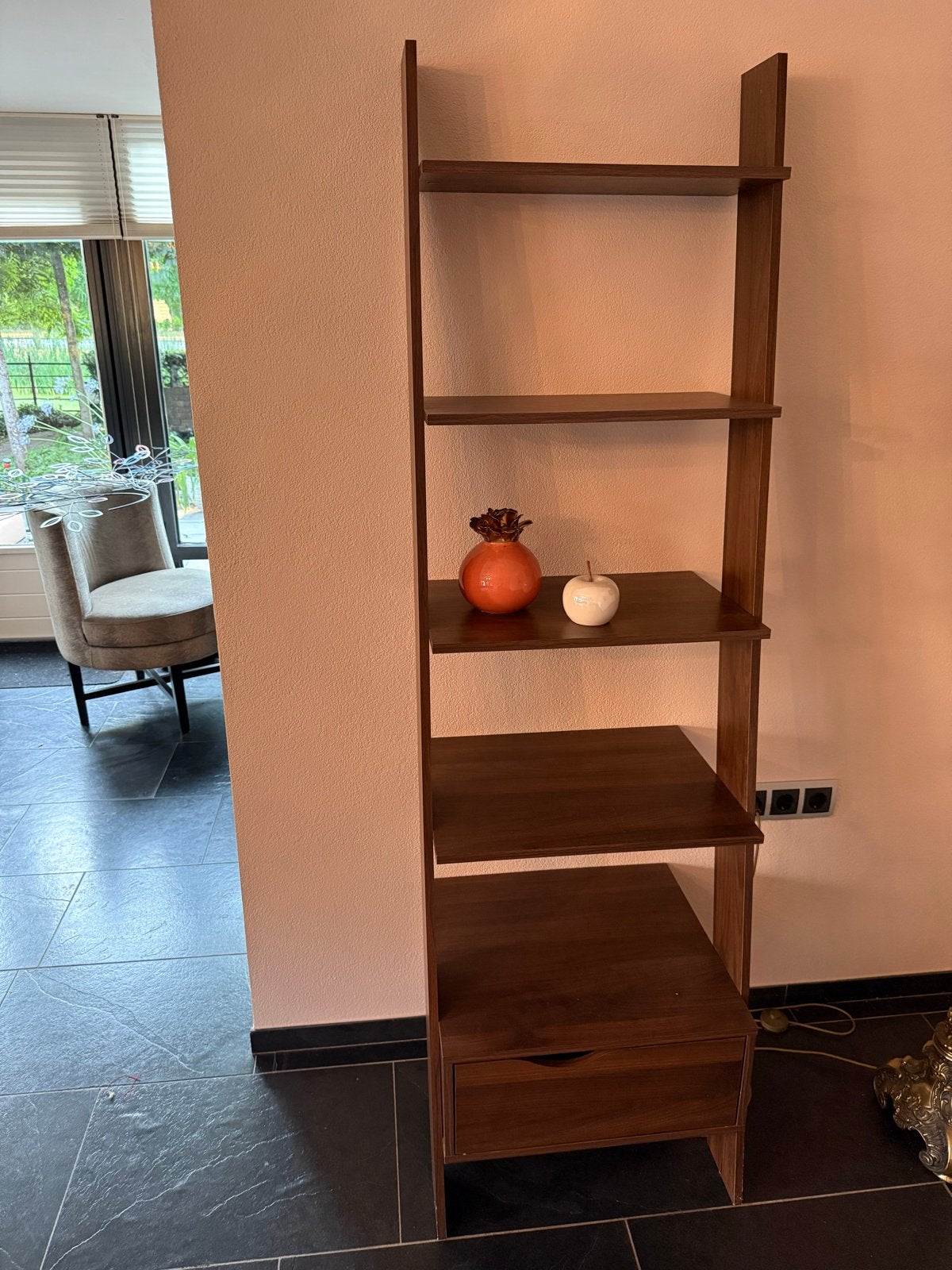 Walnoot wandrek met lade en planken - 186x55x35cm, Ophalen, Gebruikt, Minder dan 150 cm, Met lade(s)