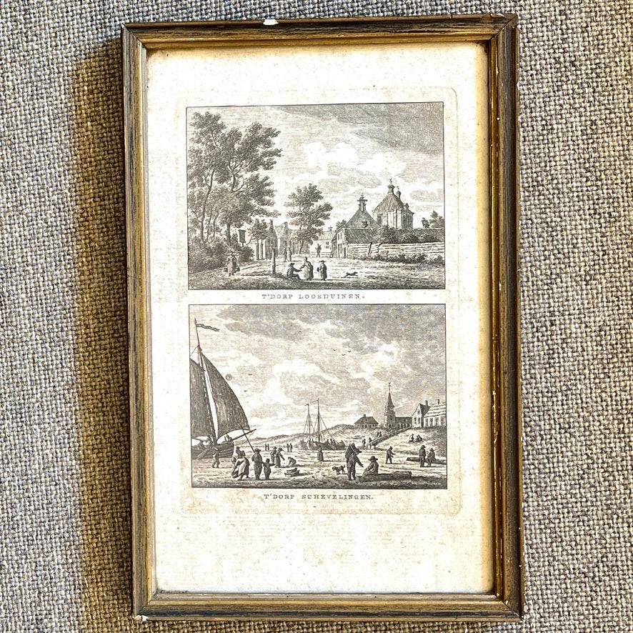 Antieke dubbelgravure Loosduinen en Scheveningen, Antiek en Kunst, Kunst | Etsen en Gravures, Ophalen of Verzenden