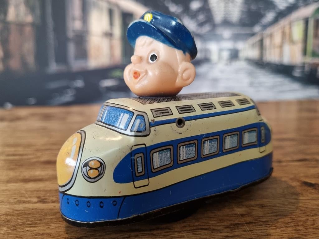 Vintage blikken trein met machinist - Jaren '60 speelgoed, Antiek en Kunst, Ophalen of Verzenden