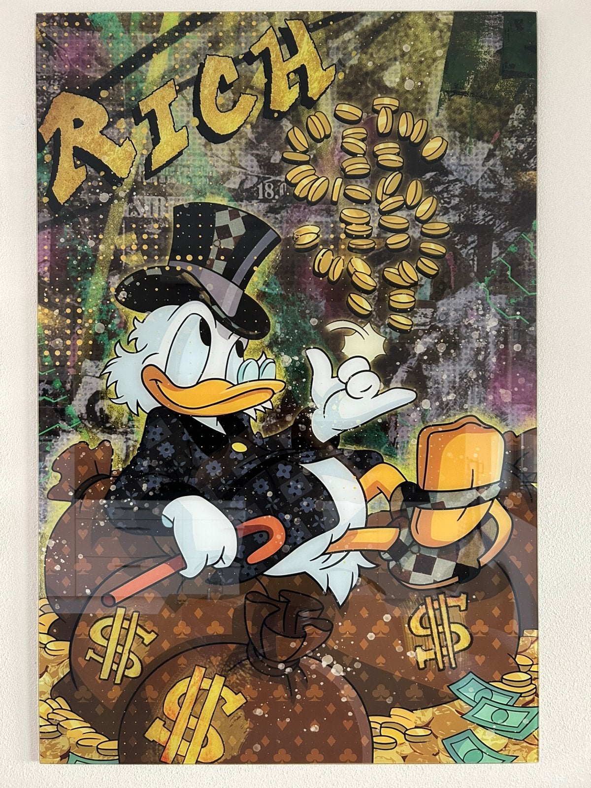 Duck Money glasschilderij, Antiek en Kunst, Kunst | Schilderijen | Modern, Glas, Stripfiguren/cartoons, Overige technieken, Ophalen