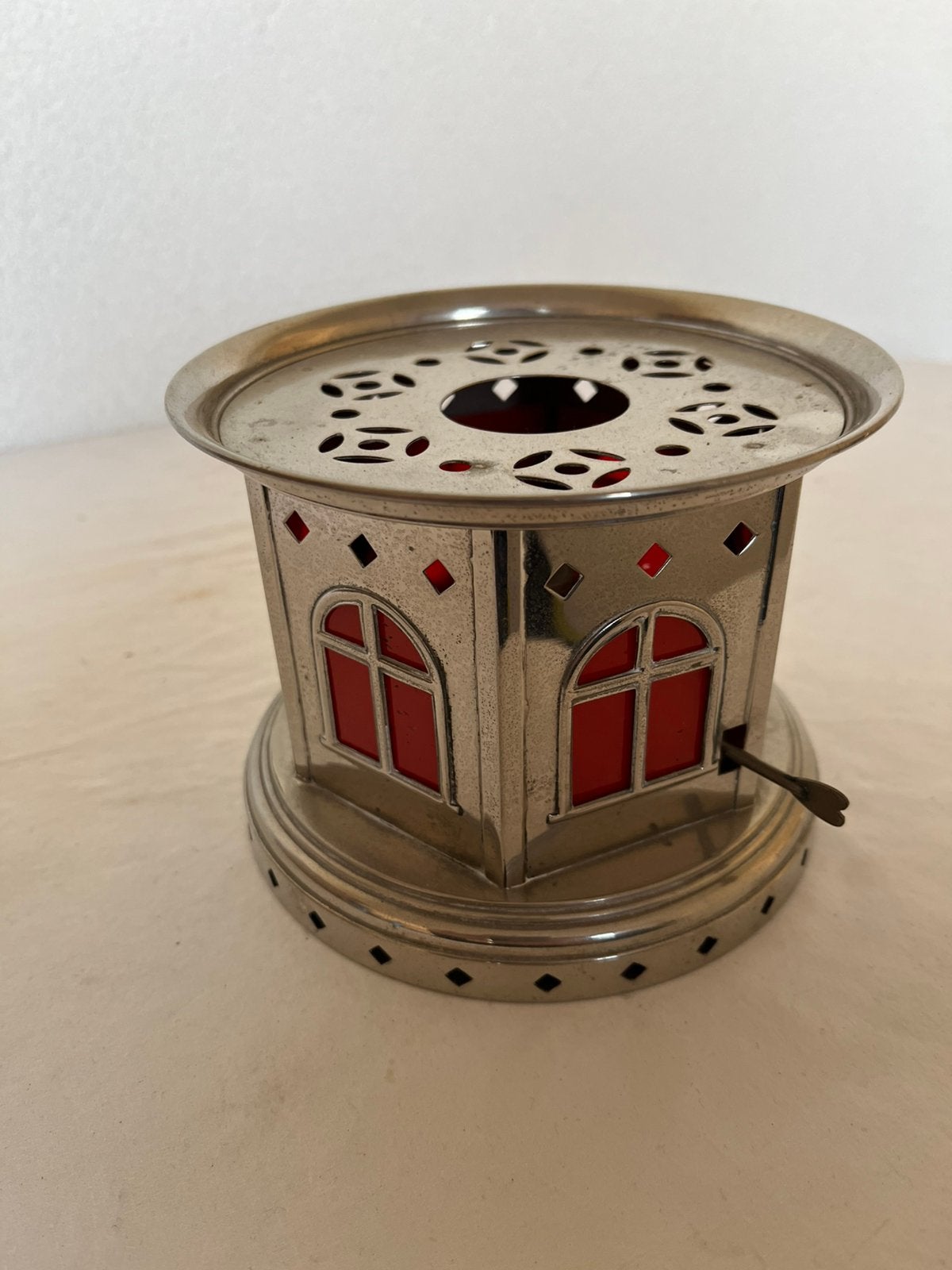 Vintage Metalen Theelichtje met Rode Glazen Ruitjes, Antiek en Kunst, Ophalen of Verzenden