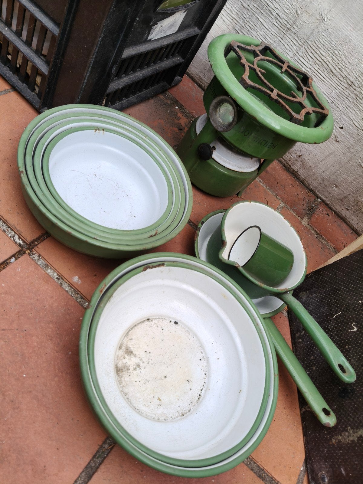 Vintage emaille keukensetjes met lonten en branders, Antiek en Kunst, Antiek | Emaille, Ophalen of Verzenden