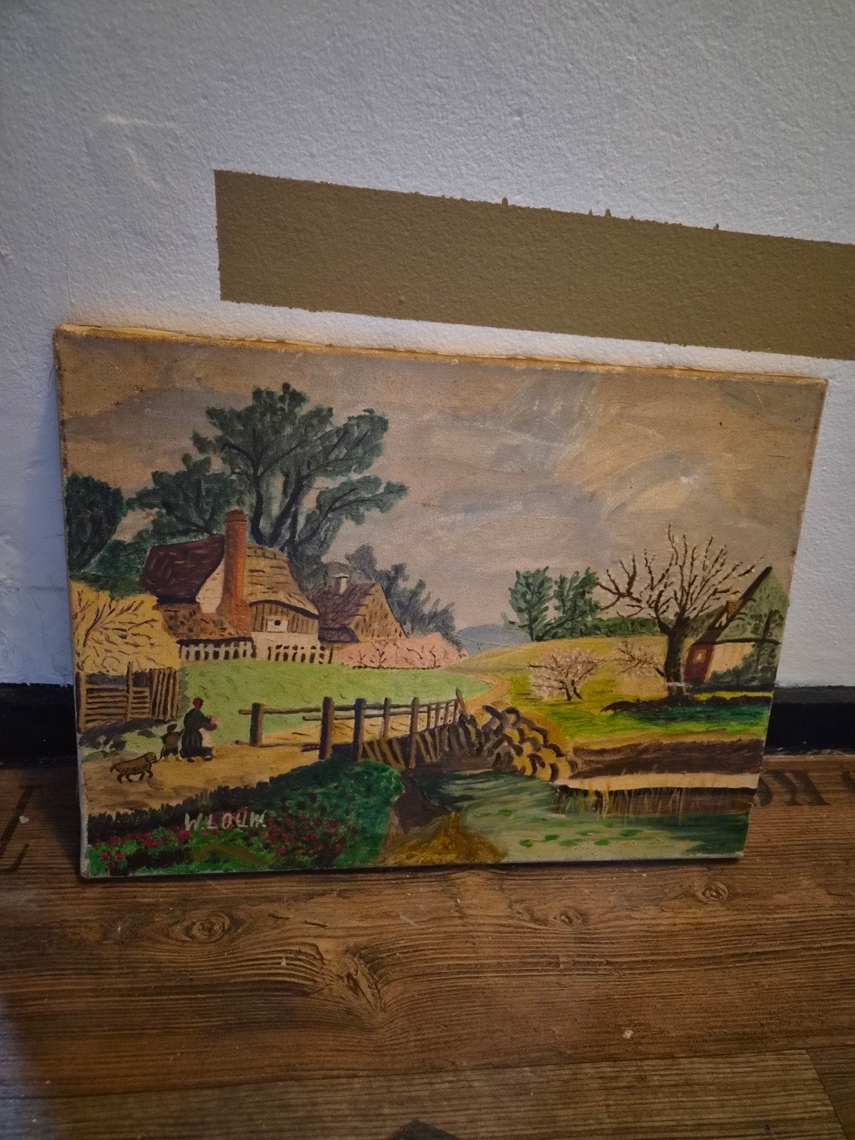 Oud olieverfschilderij: Landschap met huisjes en figuren, Doek, Ophalen of Verzenden, Landschap, Olieverf